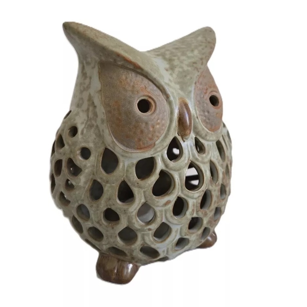 Ceramic Owl Battery Tea Light Green/Brown - Picture 2 of 5